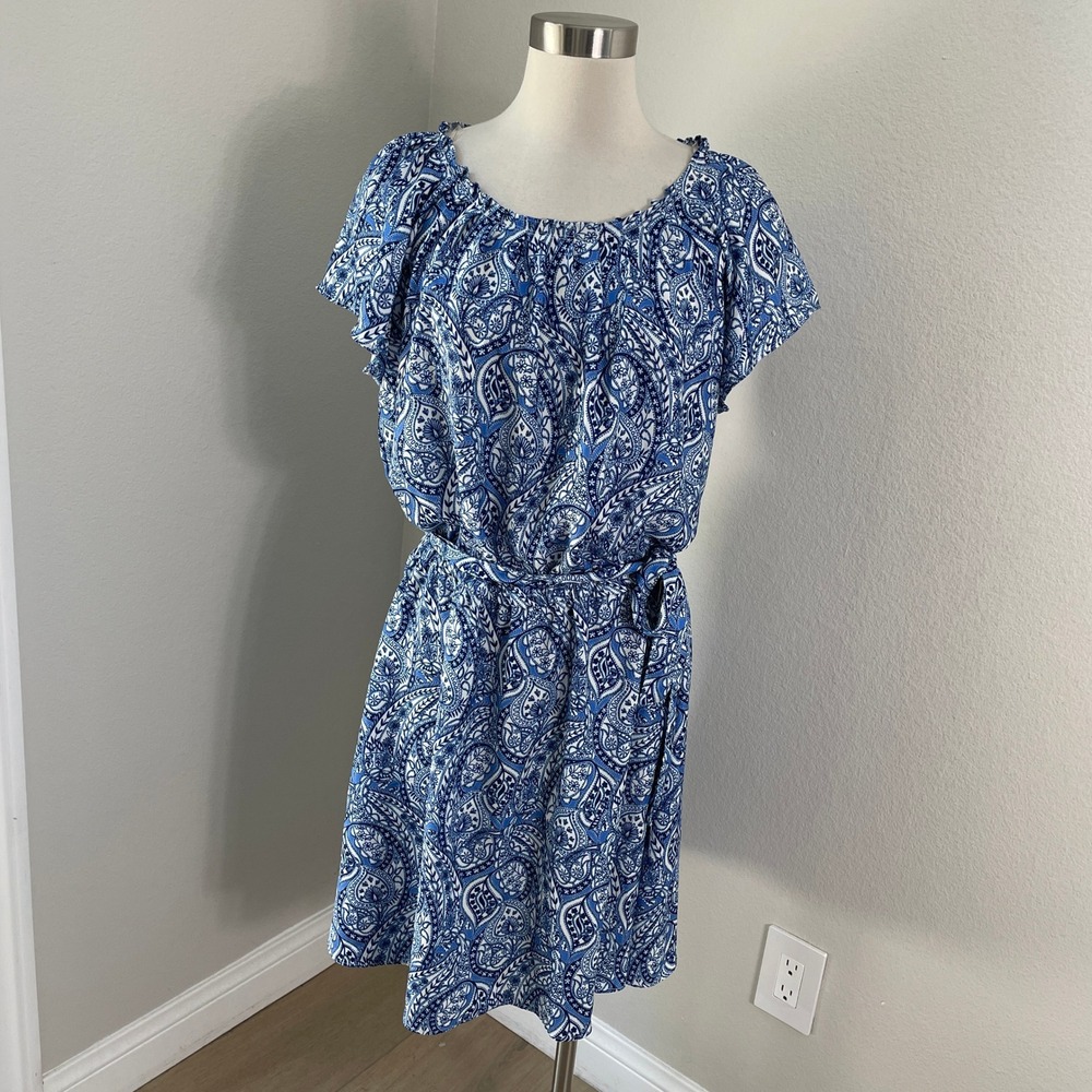 Chaps Womens XL Blue White Paisley Elastic Waist Belted Dress Short Sleeve
